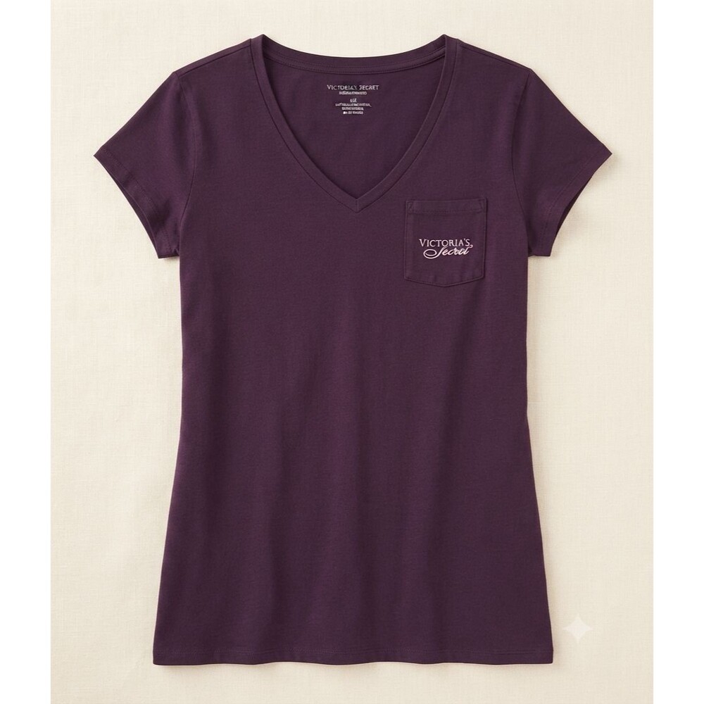 Victoria’s Secret Women’s Tee Size XL Purple V‑Neck Embroidered Pocket Logo Top